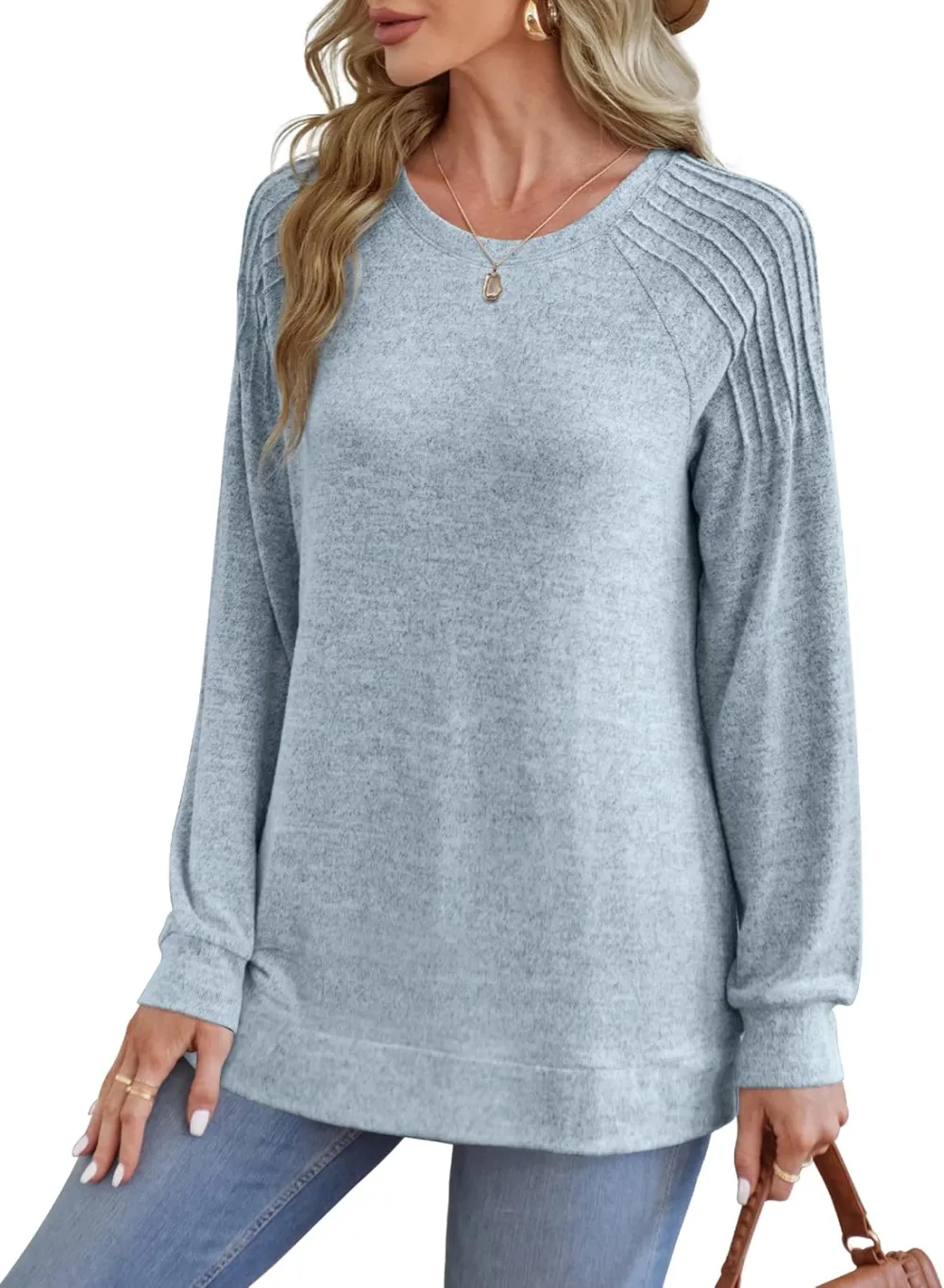 Sweatshirt for Women Crewneck Pleated Long Sleeve Shirts Tunic Tops Fashion 2024