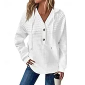 Women's Texture Sweatshirt Waffle Sweatshirt  Pullover Hoodie Sweatshirt Plain Streetwear Casual Long Sleeve Hooded Regular Tops Street Holiday Going out Buttons Black White Pink Wine Fall Winter