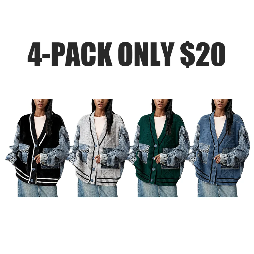 Unique Denim Patchwork Cable Knitted Coat