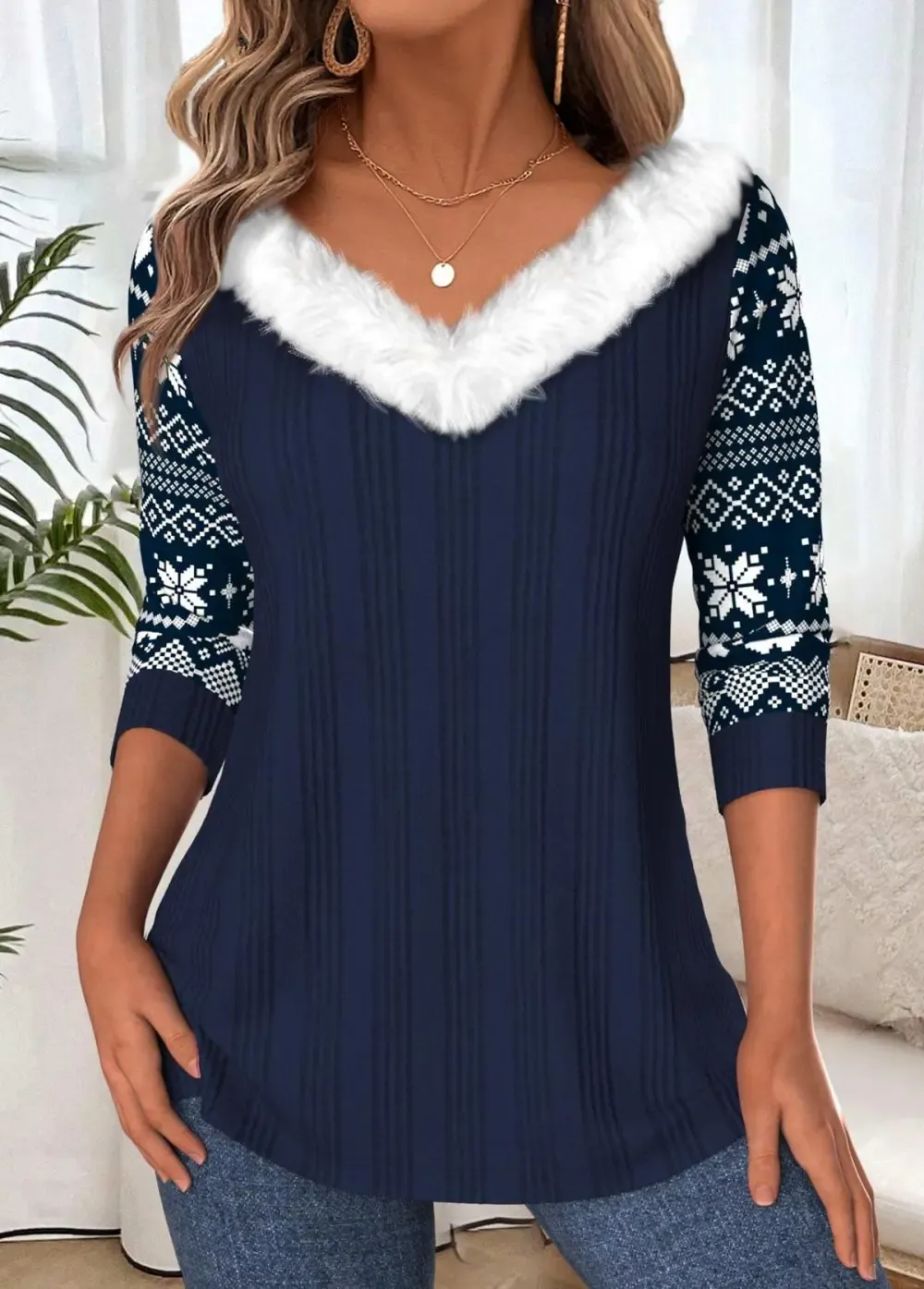 Navy Tummy Coverage Tribal Print Long Sleeve T Shirt