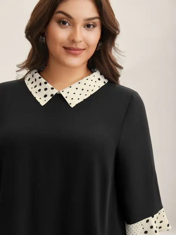 Sheer Color Contrast Spliced Collar Blouse