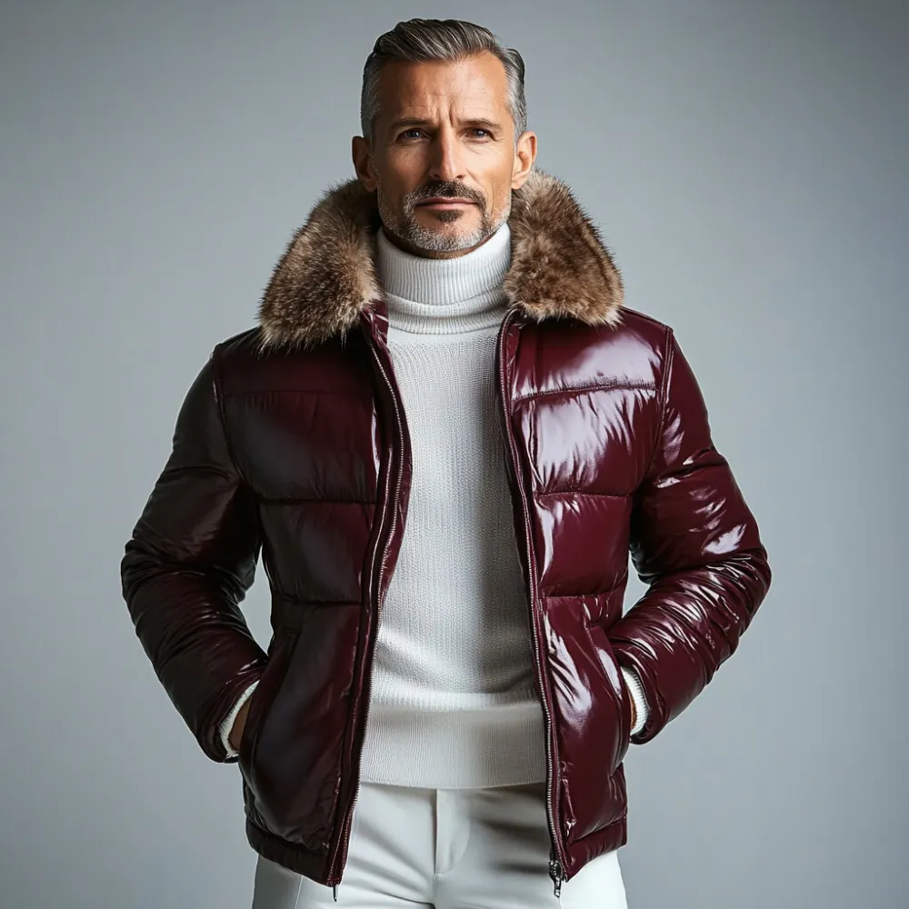 Men's Fuzzy Turndown Collar Patent PU Leather Pocket Cotton-Padded Coat
