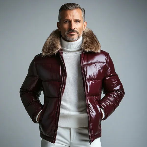 Men's Fuzzy Turndown Collar Patent PU Leather Pocket Cotton-Padded Coat