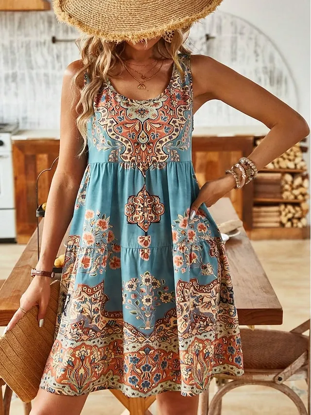 Women's Sundress Tank Dress Floral Ruched Print U Neck Midi Dress Tropical Vacation Beach Sleeveless Summer Spring