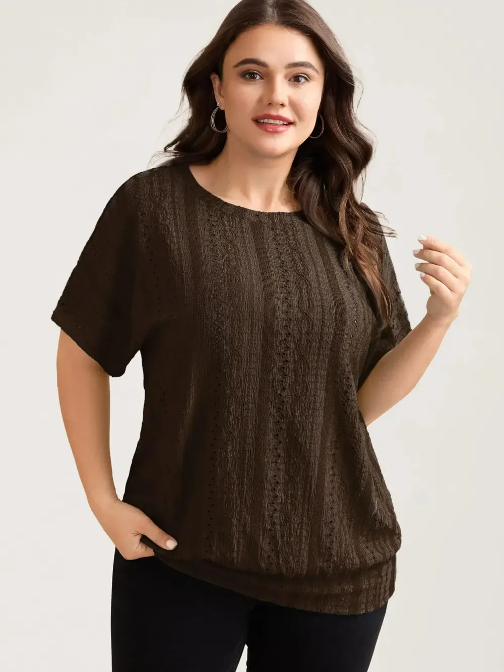 Eyelet Trim Stretchy Textured Plain Top
