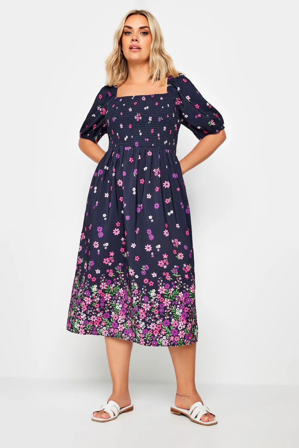 YOURS Curve Black Floral Print Shirred Midi Dress