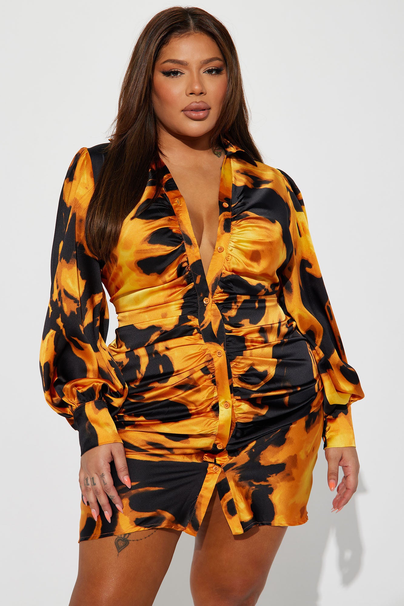 On Fire Ruched Mini Dress - Orange/combo