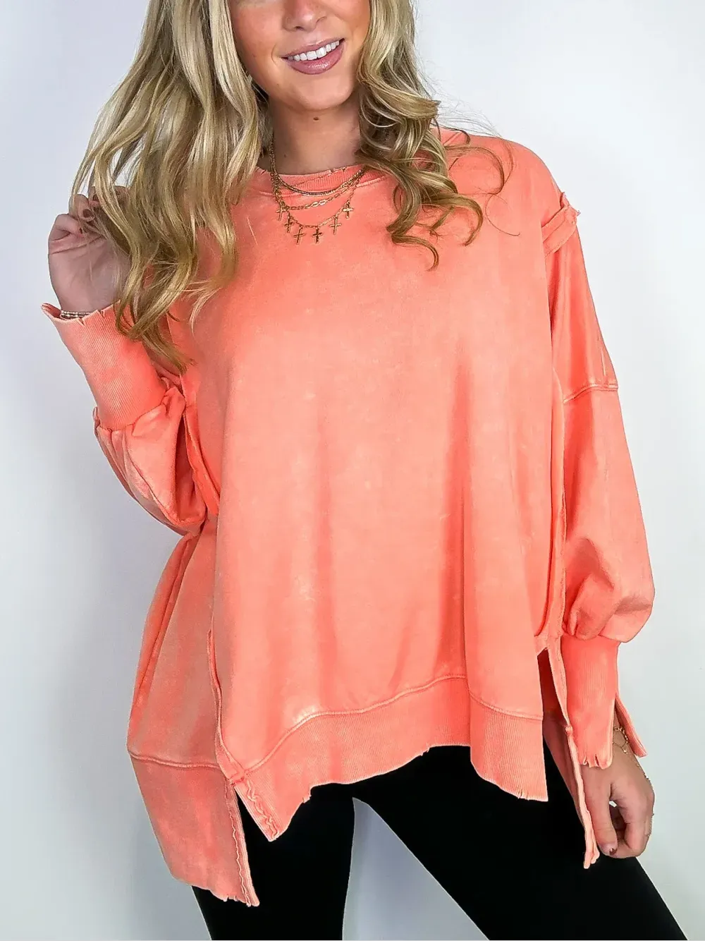 ✨Womens Acid Wash Split Cuff Oversized Crew Pullover