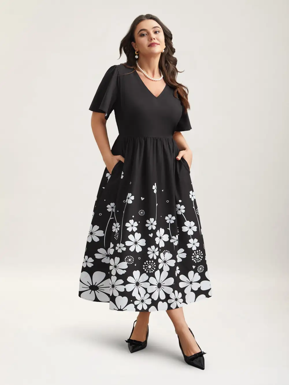 V-Neck Floral Print Flared Sleeve Dress