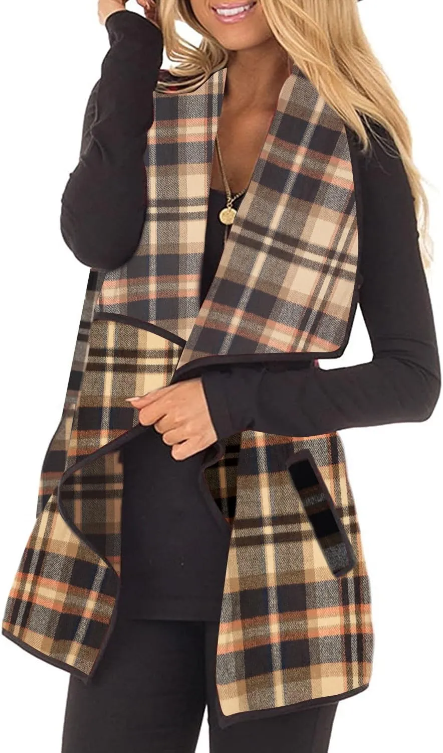 Womens Buffalo Plaid Vest Casual Lapel Open Front Sleeveless Cardigan Jacket Coat with Pockets