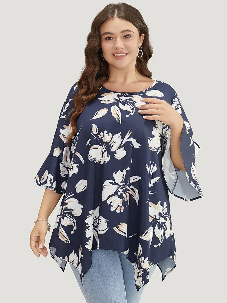 Floral Print Hanky Hem Bell Sleeve Blouse
