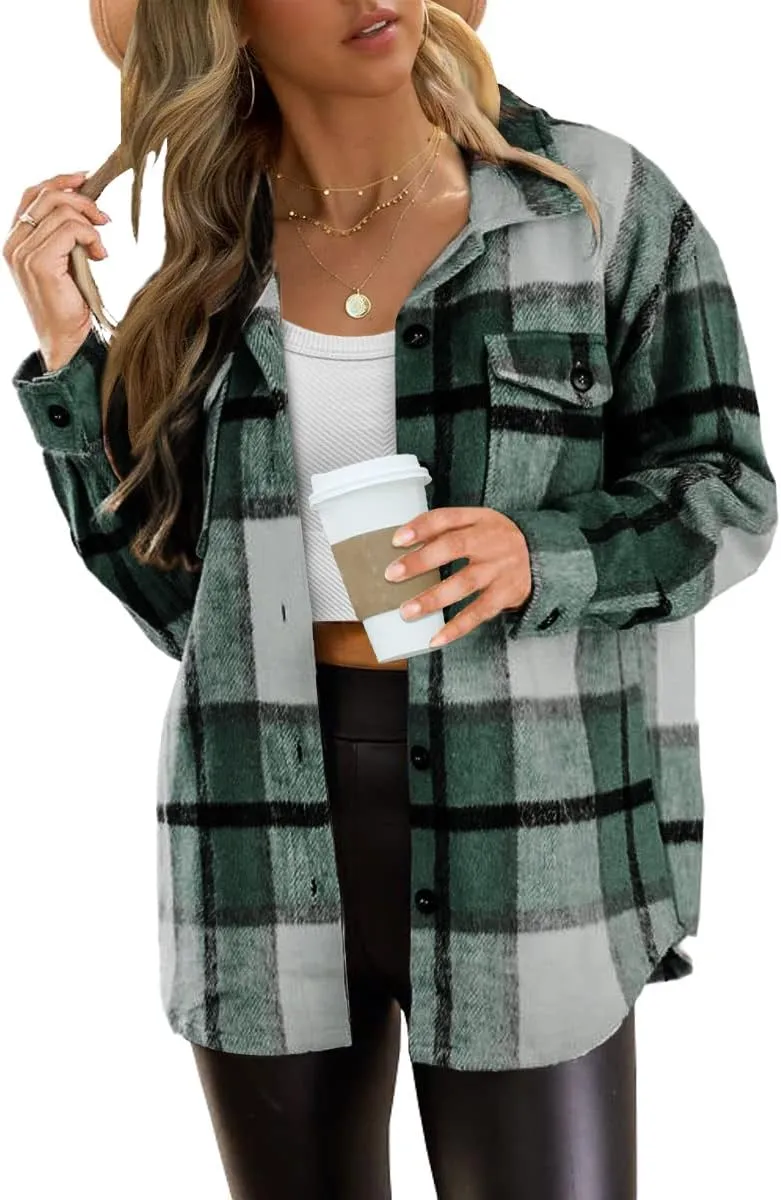 Womens Fall Outfits Fashion Clothes Shackets Flannel Plaid Button Down Long Sleeve Shirts Jackets 2024
