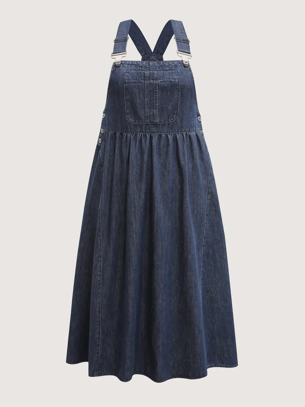Denim Adjustable Overall Straps Pockets Midi Dress