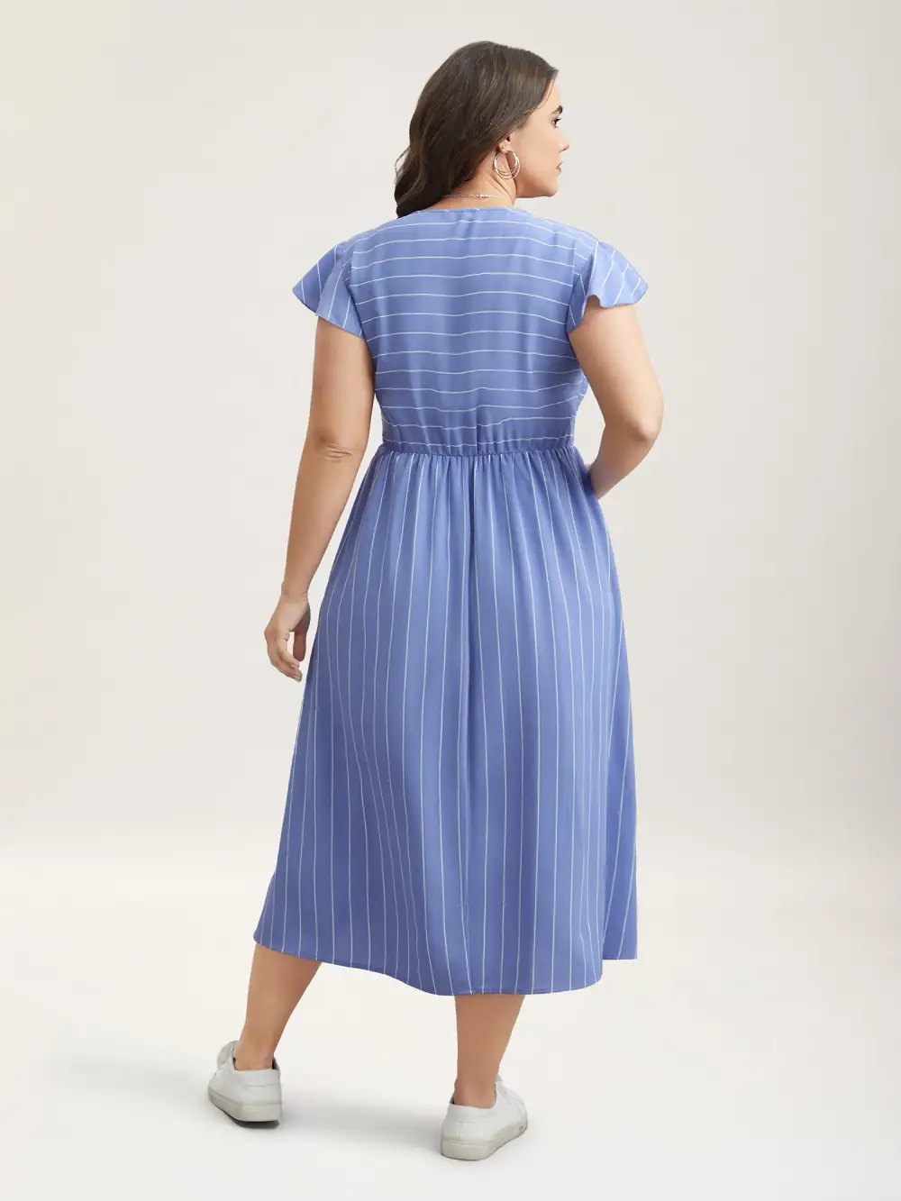 Striped Shirred Flutter Sleeve Midi Dress