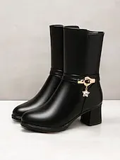 Women's Black Faux Leather Fur-Lined Mid-Calf Winter Boots with Star Charm and Block Heels – Elegant and Warm Footwear for Cold Weather