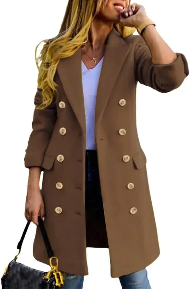 Womens Fall Winter Wool Coats Double Breasted Midi Peacoat Trench Coats