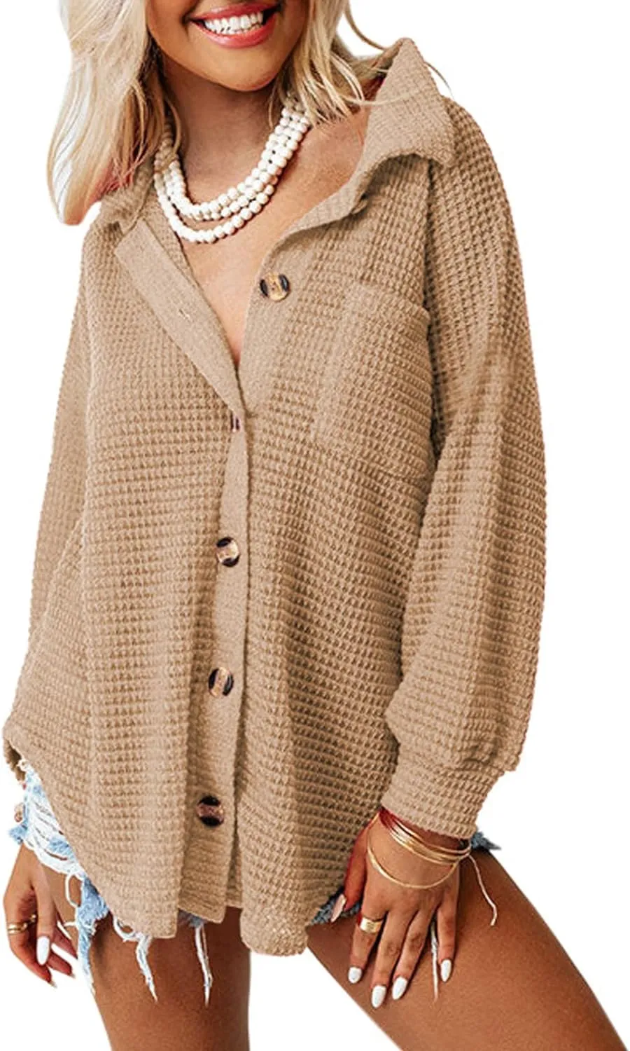 Womens Waffle Knit Button Down Shirts Casual Long Sleeve Shacket Jacket Boyfriend Tops Blouses Loose Fit