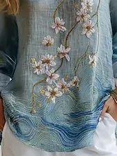 Women's Shirt Floral Daily Casual Long Sleeve V Neck Regular Tops Daily Holiday Buttons Print Blue Spring Fall