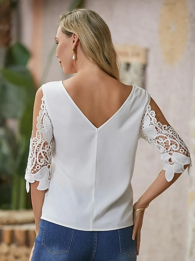 Women's Lace Shirt Blouse Plain Daily Weekend Lace Cut Out White Half Sleeve Elegant Fashion Basic V Neck