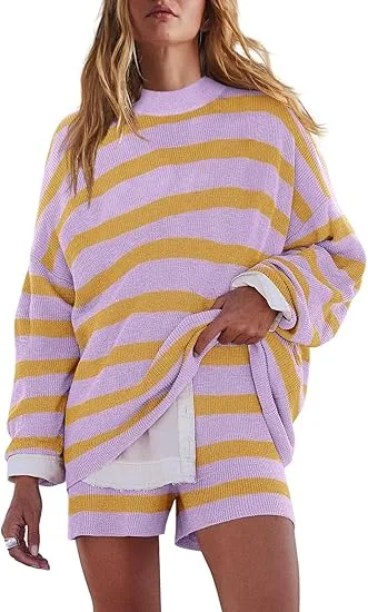 Womens Oversized Lounge Sets 2 Piece Outfits Striped Matching Pajama Set Long Sleeve Sweater Set