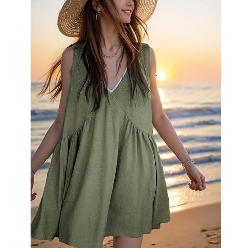 Womens Summer Sleeveless Mini Dress Casual Loose V Neck Sundress with Pockets