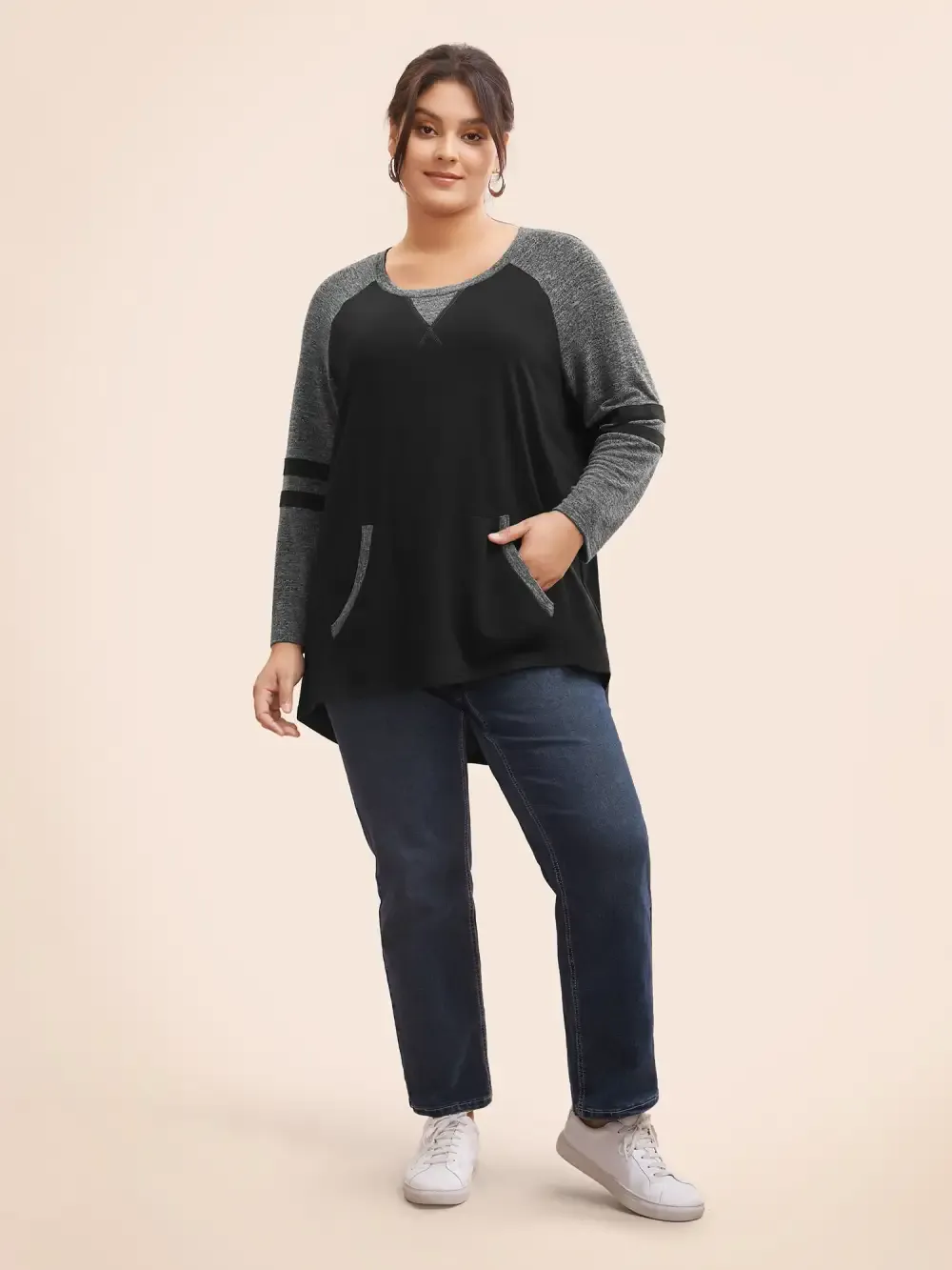 Striped Contrast Pocket Raglan Sleeve High Low Hem Sweatshirt