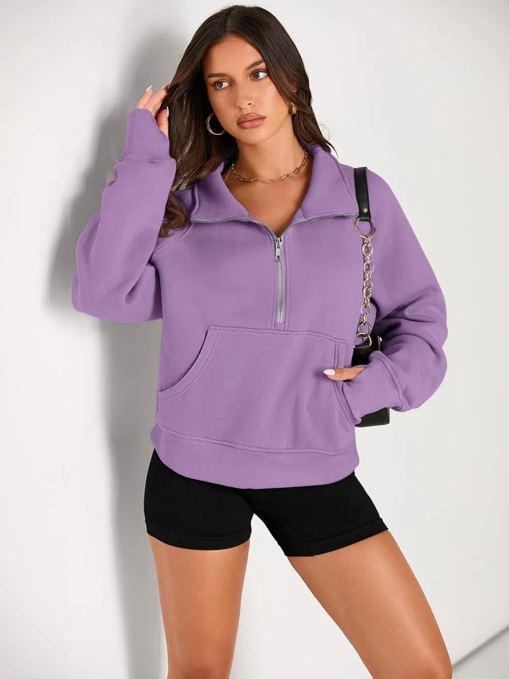 Womens Sweatshirts Half Zip Cropped Pullover Fleece Quarter Zipper Hoodies Fall outfits Clothes Thumb Hole