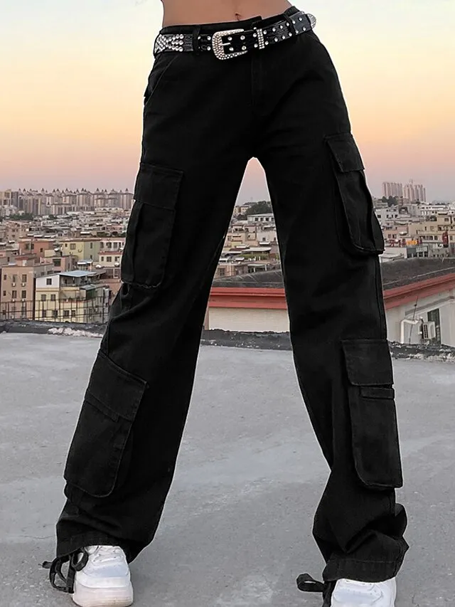 Women's Cargo Pants Pants Trousers Baggy Full Length Cotton Blend Baggy Micro-elastic Mid Waist Fashion Casual Office Black Green S M Autumn / Fall