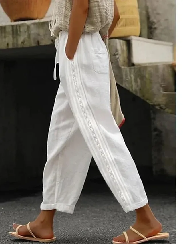 Women's Linen Pants Pants Trousers Baggy Faux Linen Plain Side Pockets Baggy Ankle-Length Fashion Casual Daily Black White S M