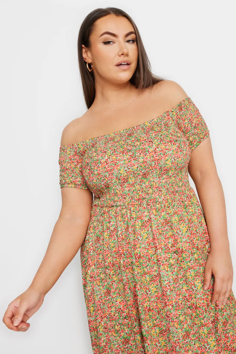 YOURS Curve Pink Ditsy Floral Shirred Midaxi Dress