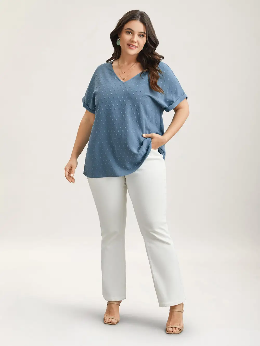 Back-Button Textured V-Neck Shirt