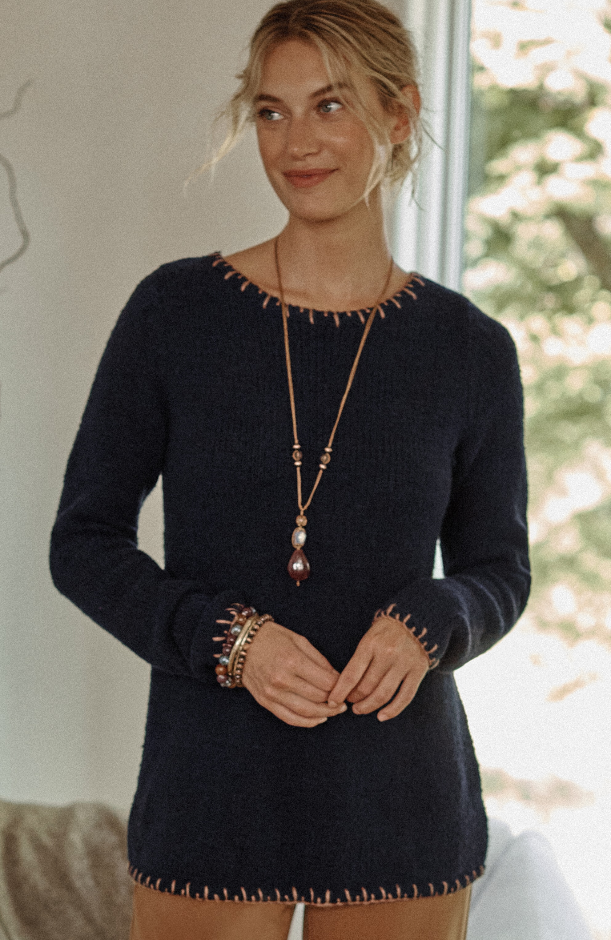 Pure Jill Whipstitch-Trimmed Pullover Sweater