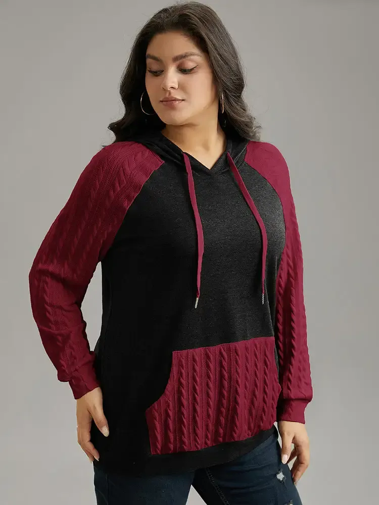 Contrast Cable Knit Pocket Hooded Drawstring Sweatshirt