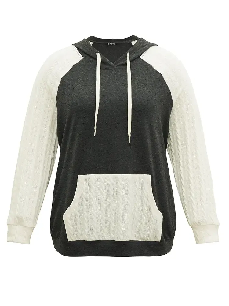 Contrast Cable Knit Pocket Hooded Drawstring Sweatshirt