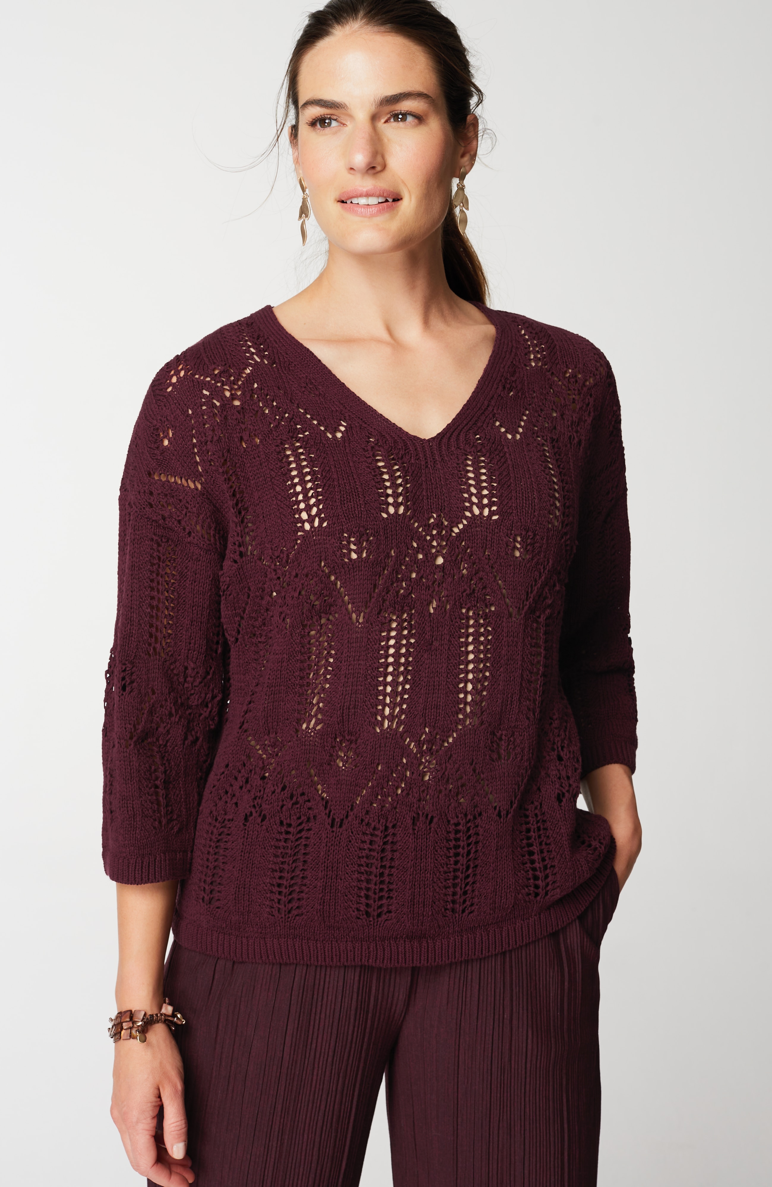 Pure Jill Open-Textured V-Neck Sweater
