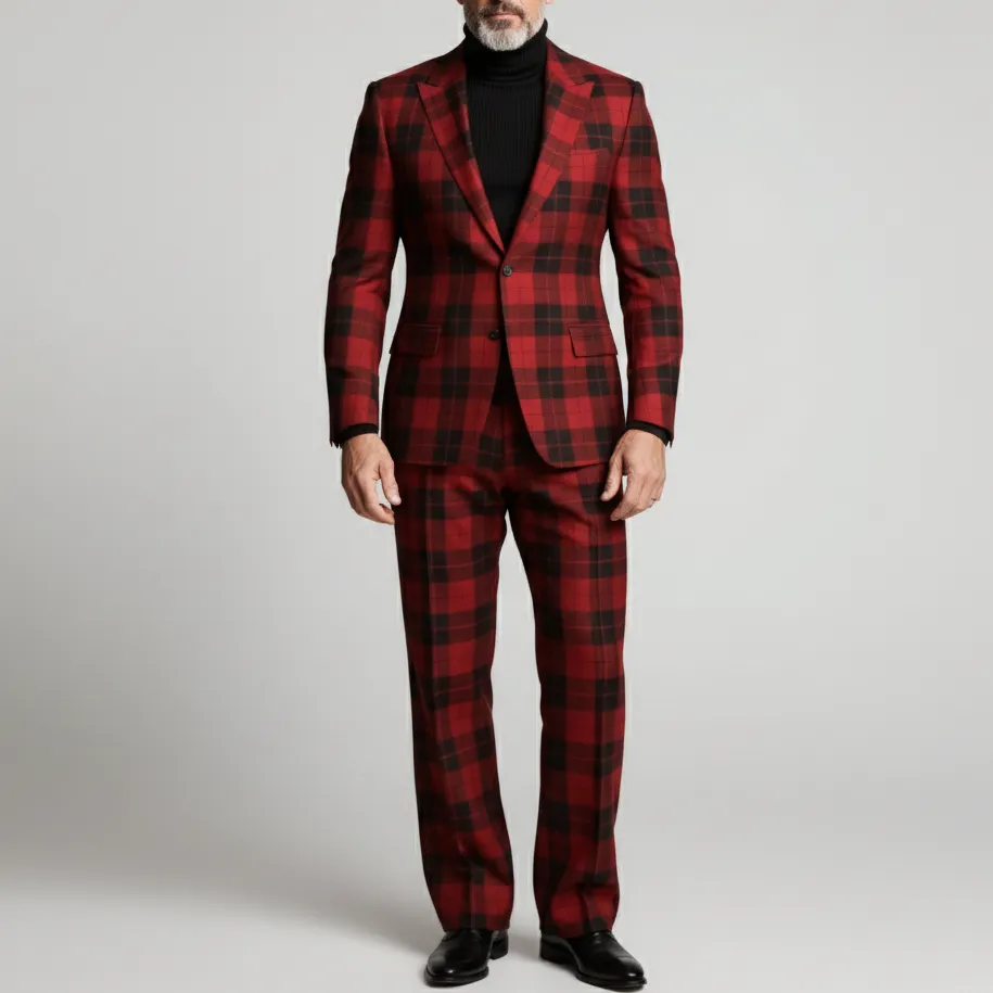 Men's Business Red Peak Lapel Button Long Sleeve Plaid Blazer & Pants 2Pcs Set