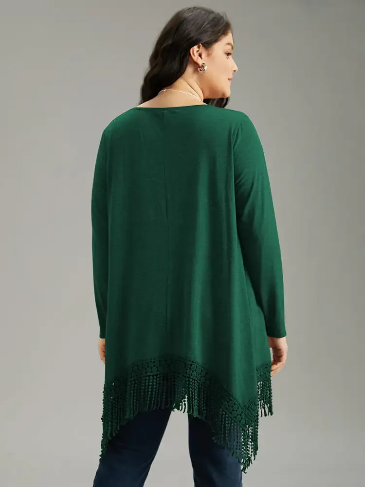 Solid Tassels Trim Pocket Asymmetrical Hem T-Shirt