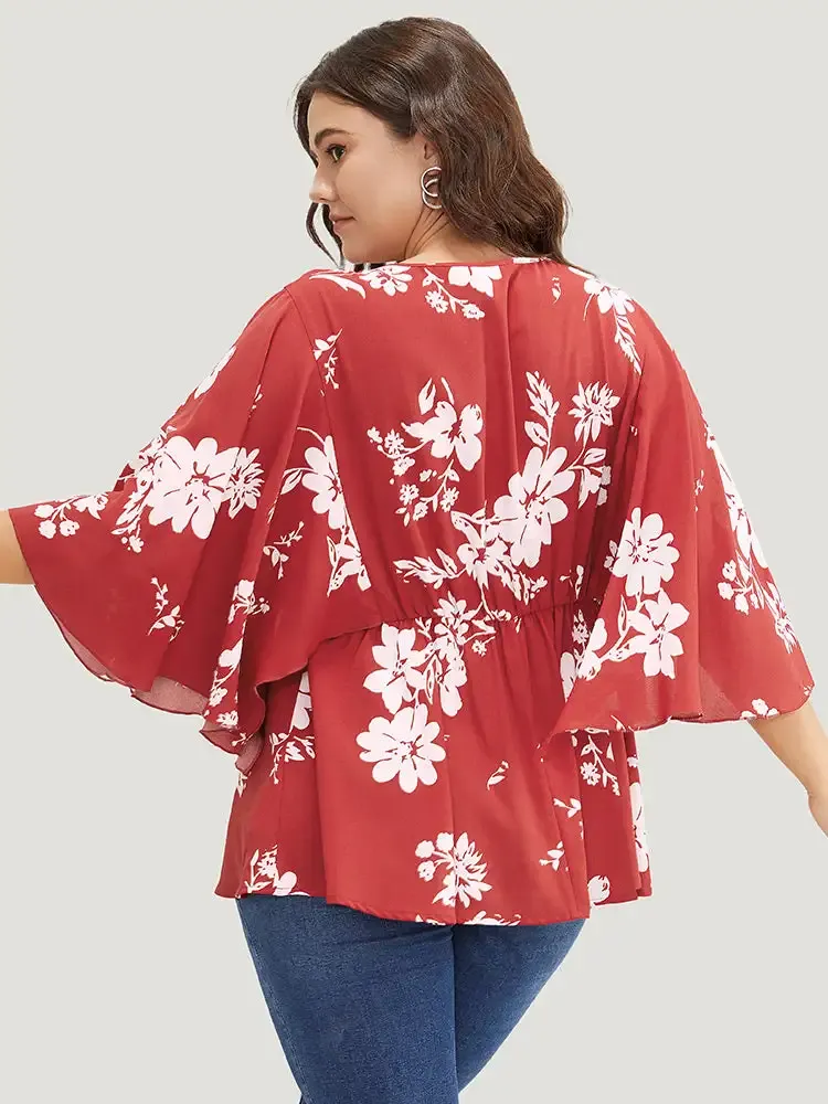 Floral Printed Plicated Detail Flutter Sleeve Blouse
