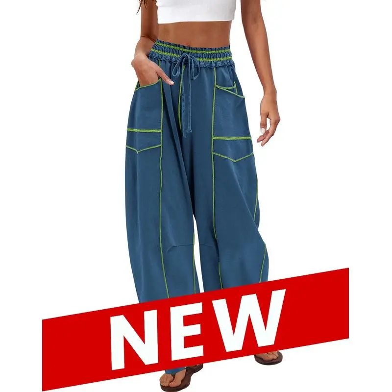 Womens Baggy Barrel Pants Wide Leg Lounge Drawstring Sweatpants with Pockets