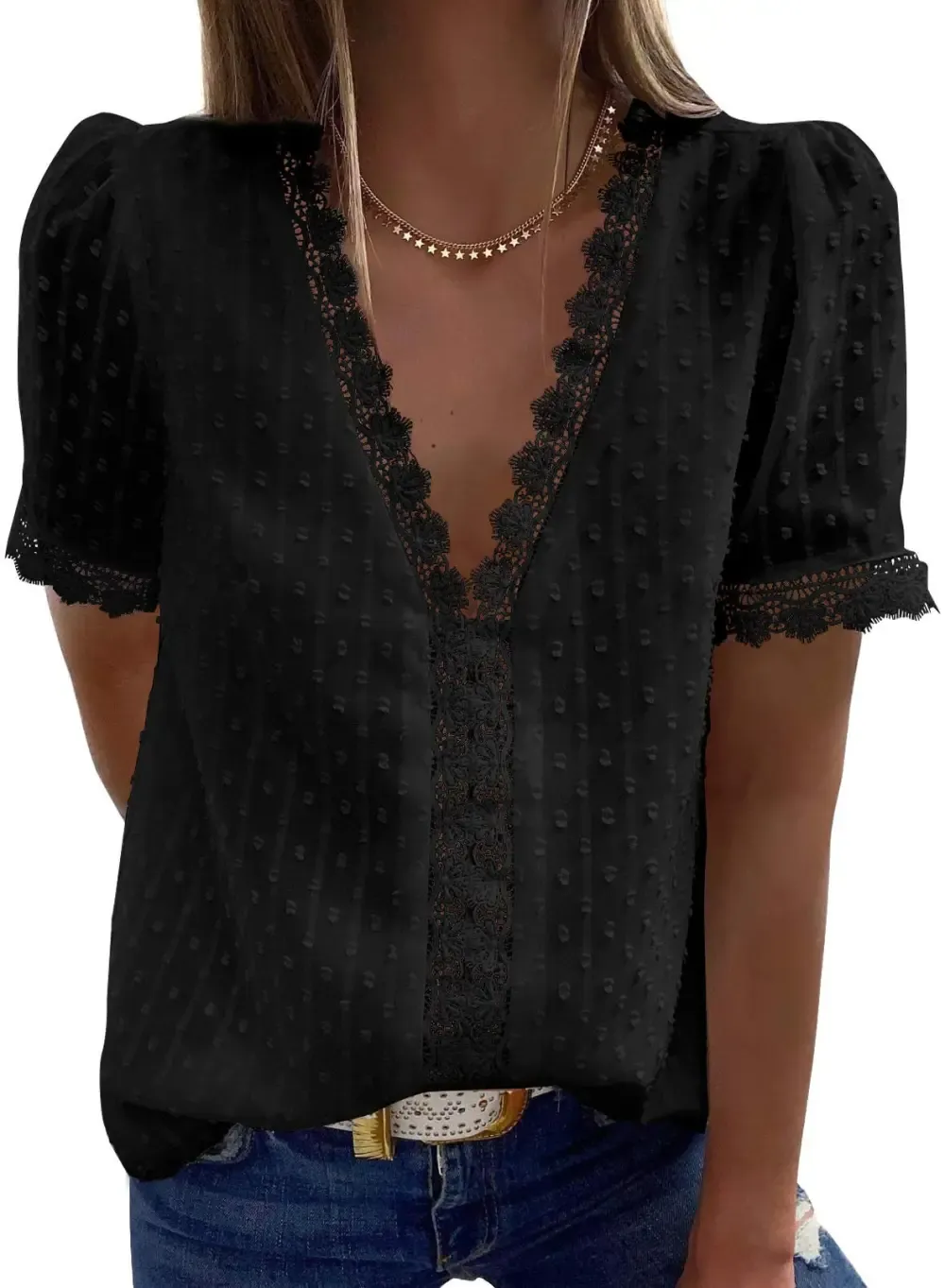 ✨Hot Sale-Women's V Neck Lace Crochet Tunic Tops Flowy Casual Shirts