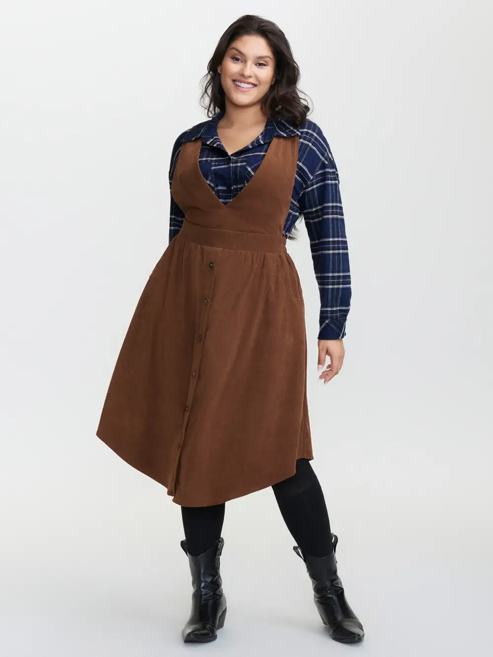 Corduroy Deep V-Neck Adjustable Midi Dress