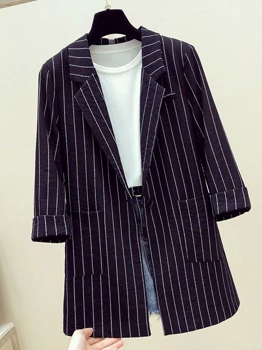 Lapel Collar Long Sleeve Striped Pocket Stitching Regular Loose Blazer For Women