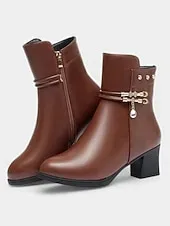 Women's Brown Warm Faux Fur Lined Ankle Boots with Heel, Stylish and Comfortable for Winter and Casual Wear.