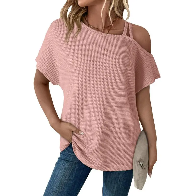 Women's Off Shoulder Waffle Knit Tops – Short Sleeve, Lightweight, Casual & Stylish