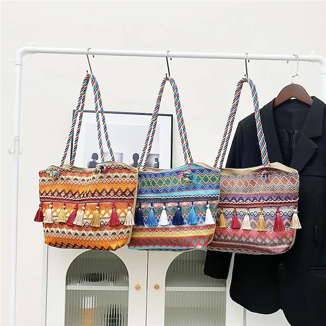 Women's Tote Shoulder Bag Hobo Bag Straw Bag Polyester Holiday Beach Tassel Zipper Large Capacity Breathable Lightweight Color Block Patchwork Folk Red Blue Orange