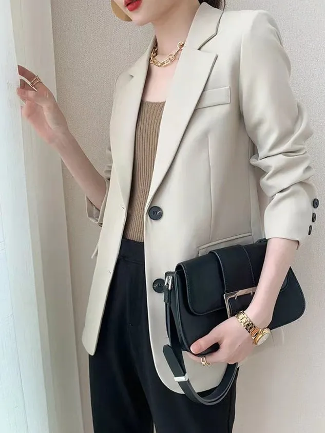 Lapel Collar Long Sleeve Plain Buckle Regular Loose Blazer For Women