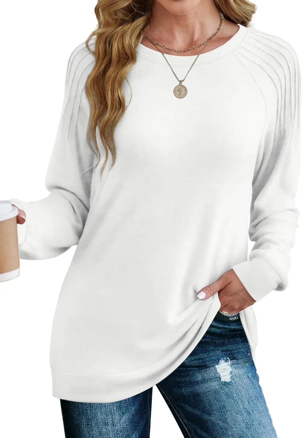 Sweatshirt for Women Crewneck Pleated Long Sleeve Shirts Tunic Tops Fashion 2024