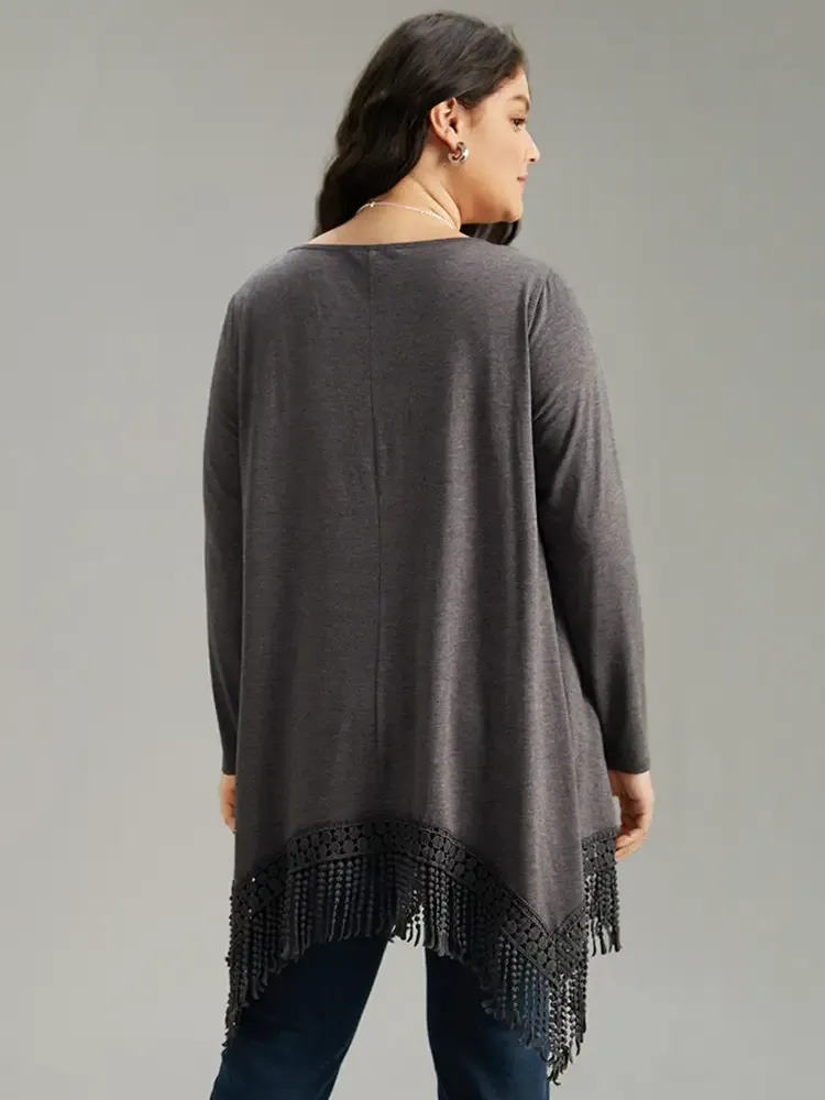 Solid Tassels Trim Pocket Asymmetrical Hem T-Shirt