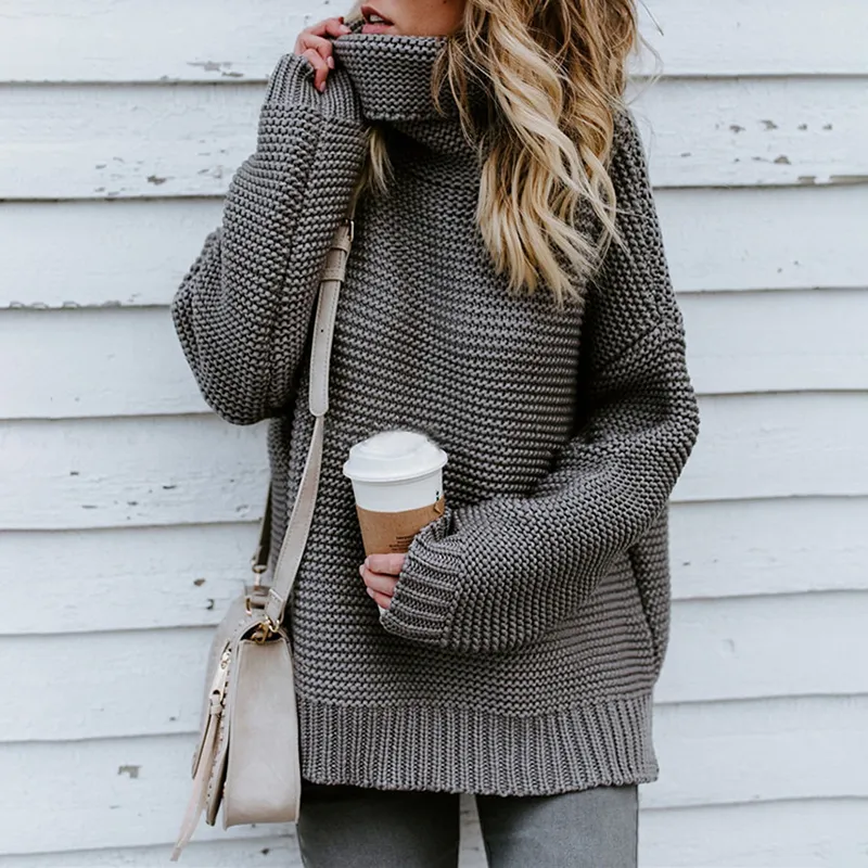 Solid Color High Neck Pullover Knitted Sweater