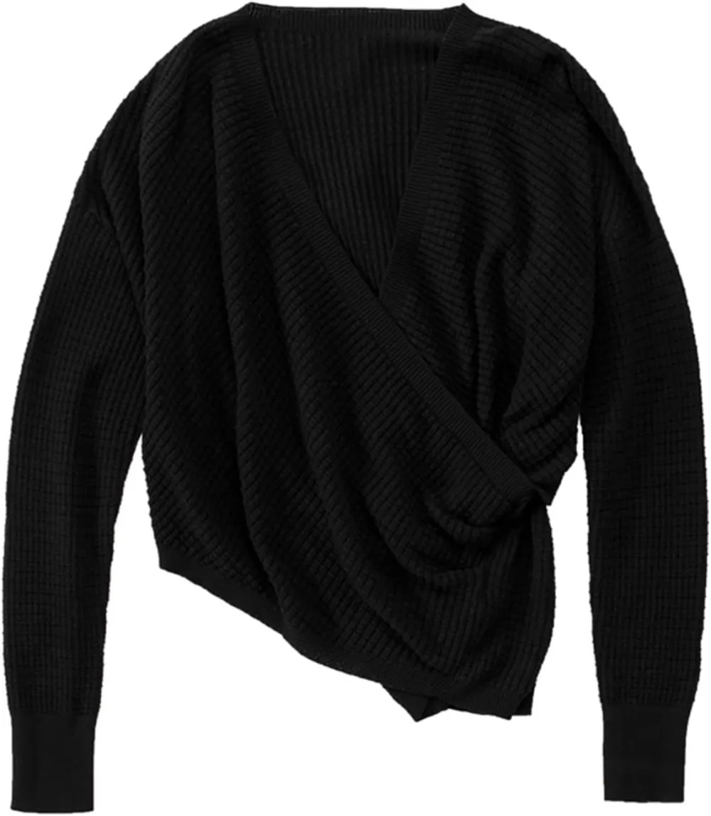 Women's Fall Sweater 2023 Wrap Sweaters Long Sleeve Knitted Asymmetric Hem Pullover Solid Color Tops Sweater